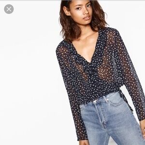 Zara | Stars Dot Pattern Faux Wrap Semi Sheer Bodysuit Size Small